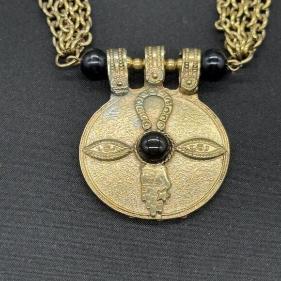 Vintage Egyptian Revival Gold Tone Chain Statement Brooch Pin Black Cabochons - Picture 2 of 14